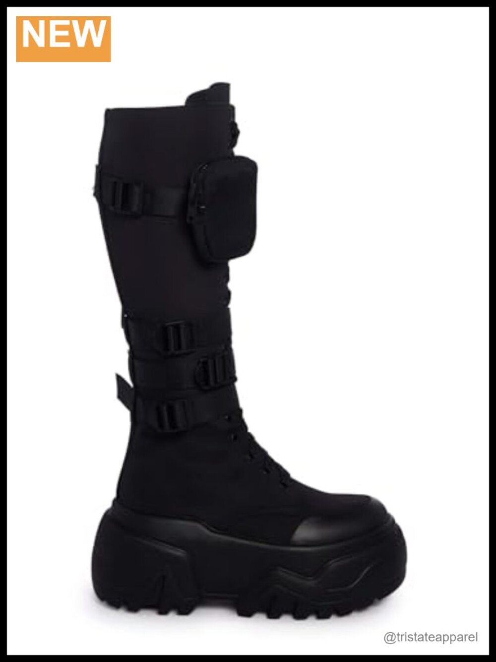 Knee High Combat Boots with Zipper Pockets, Chunky Platform, Buckle Straps